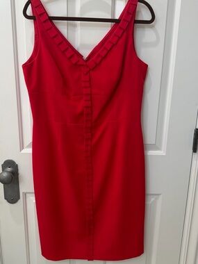 Carmen Marc Valvo Red V‑Neck Ruffle-Trim Sheath Dress